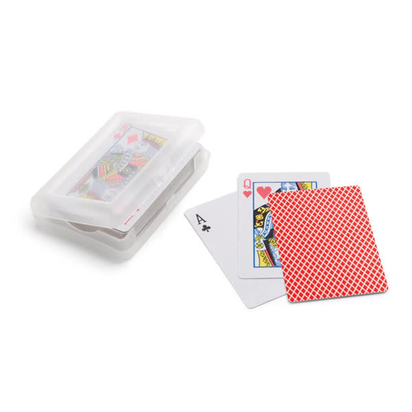 A set of PVC playing cards in a clear case, featuring red and blue designs on the cards.
