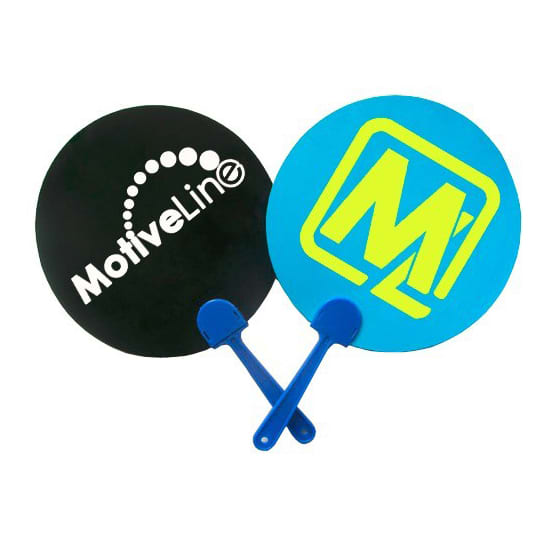 Two round hand fans featuring a black side with a logo and a blue side with a yellow design, each with a blue handle.