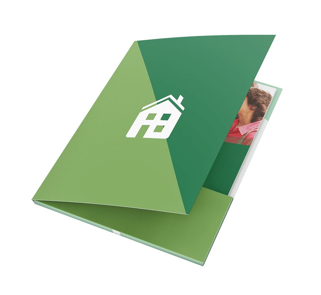 A4 presentation folder in green with a logo, featuring an interior pocket for documents or inserts.