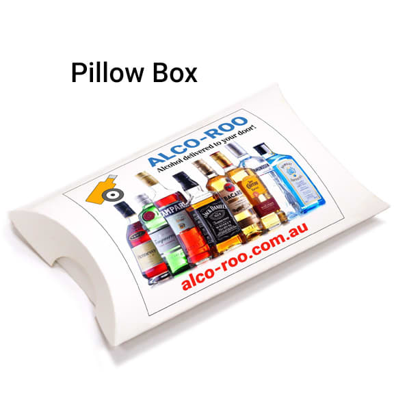 A pillow box featuring various alcohol bottles on the front, with a logo and a website listed below.