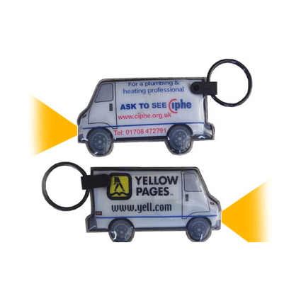 A PVC keyring in the shape of a van, featuring LED lights and a logo, in blue and white colours.