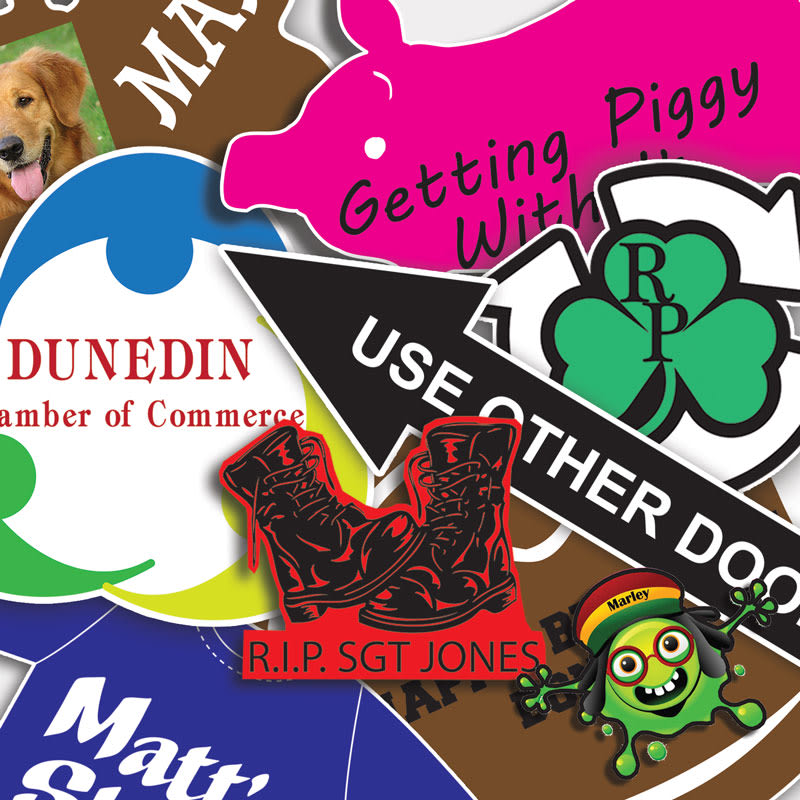 Repositionable stickers featuring various designs, including animals, logos, and text in a range of colours.