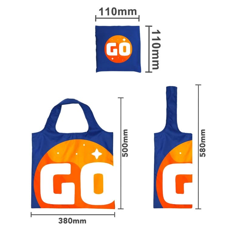 A foldable shopping bag in blue and orange, featuring a logo, with dimensions displayed.