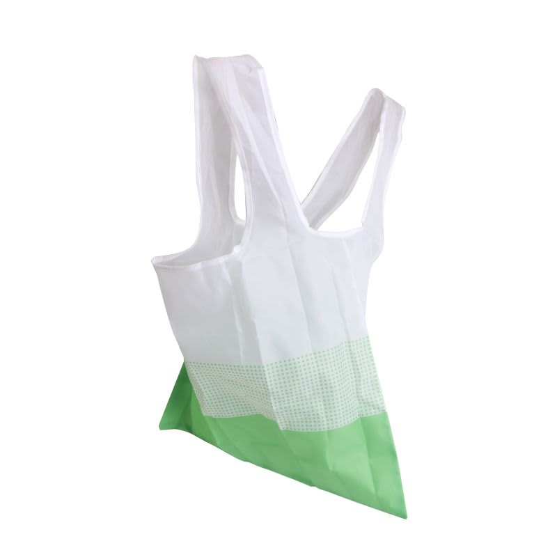 Foldable shopping bag in white and green, with a logo on the side and a segmented design.
