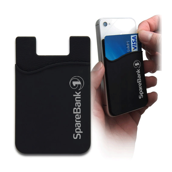 A black silicone mobile pocket with a curved top, designed to hold cards, displayed on a smartphone.