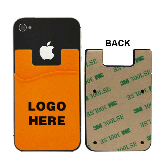 An orange silicone mobile pocket attached to a black phone, with a textured back for adhesion.