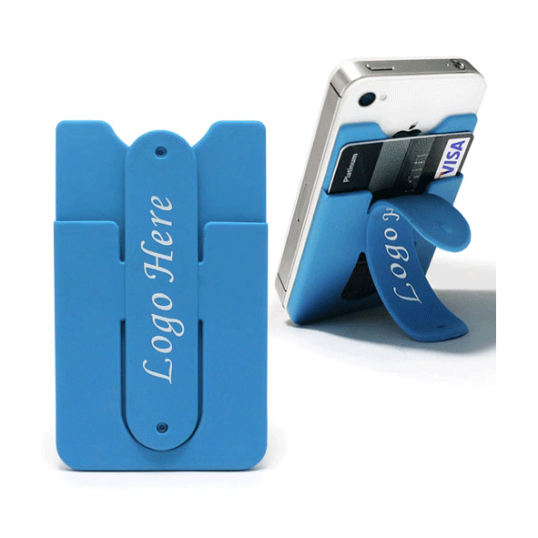 A blue silicone mobile pocket with a stand, featuring a slot for cards and a branding logo.