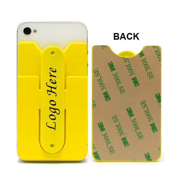 A yellow silicone mobile pocket with a stand, featuring a logo and an adhesive backing for attachment to a phone.