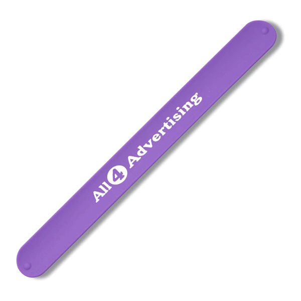 A purple silicon slap band featuring a logo. The band has a smooth surface and rounded edges.