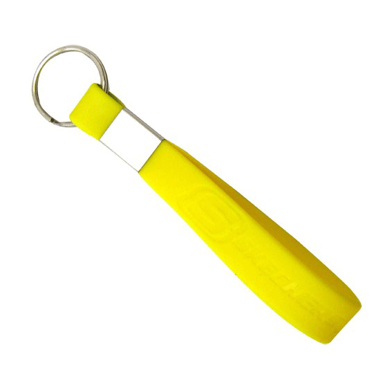 A yellow silicone loop keyring featuring a metal ring for attaching keys. It has a minimalist design.