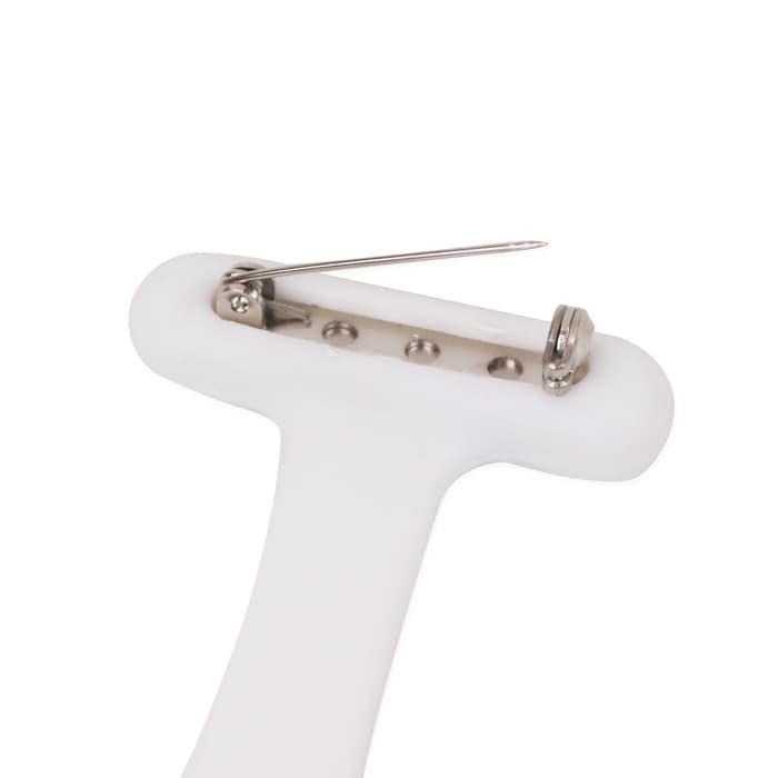 A white silicone nurse watch with a silver pin and backing, featuring a simple, functional design.