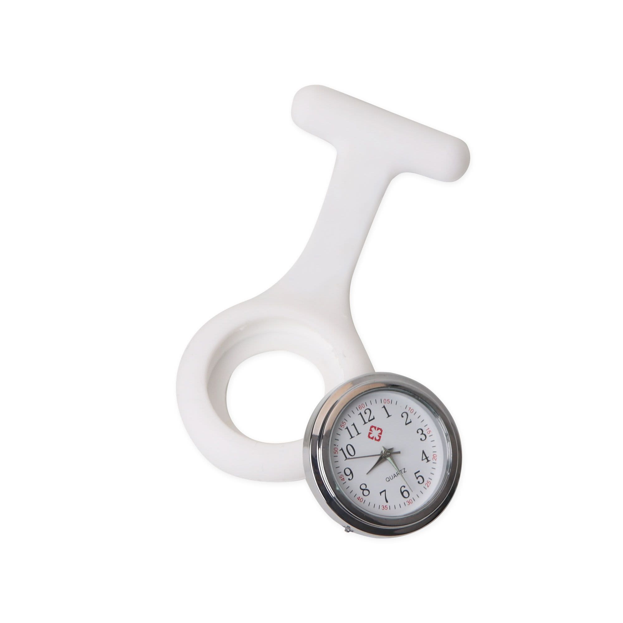 A white silicone nurse watch featuring a round clock face with a simple design.