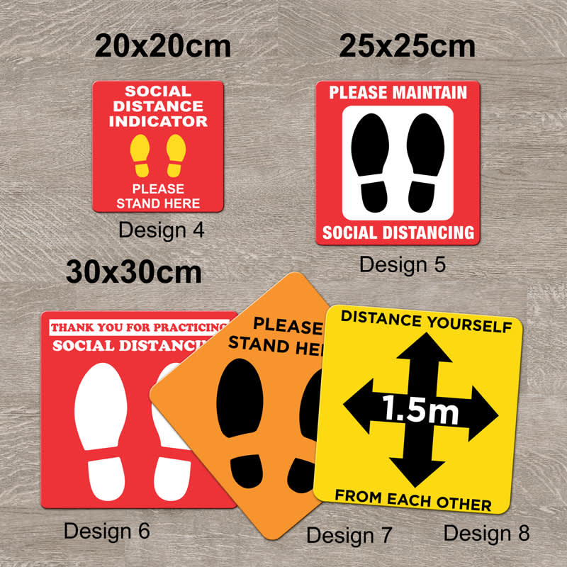 A collection of non-slip floor decals in red, orange, and yellow, featuring footprints and social distancing messages.