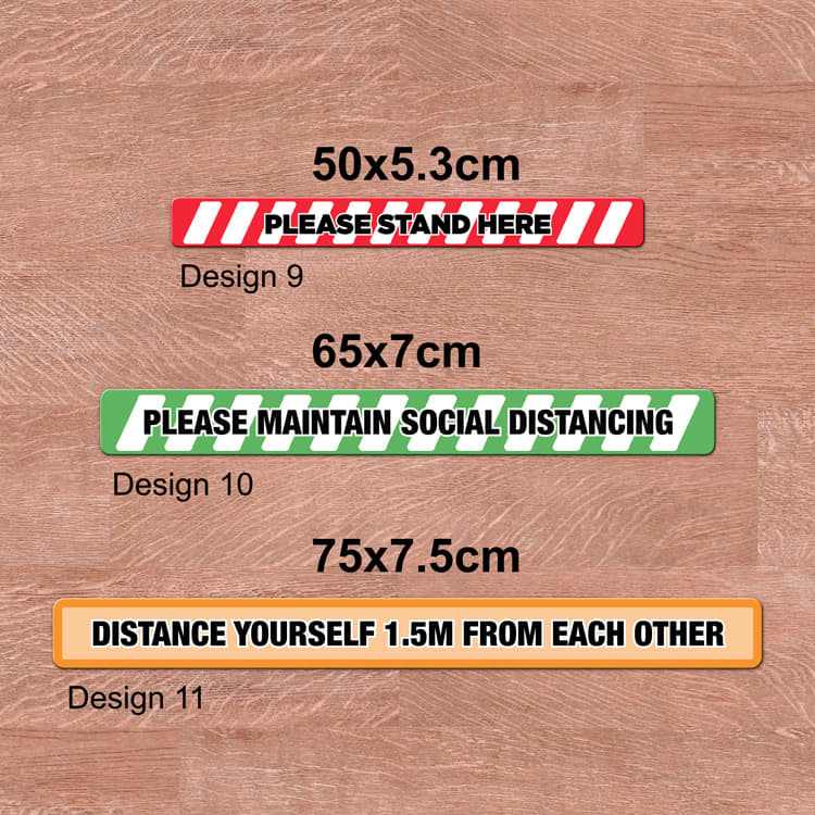 Non-slip floor decals in red and white or green and white stripes with different messages about distance.