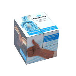 A multi-coloured cube with a promotional design and a logo, featuring imagery related to knots and thumbs.
