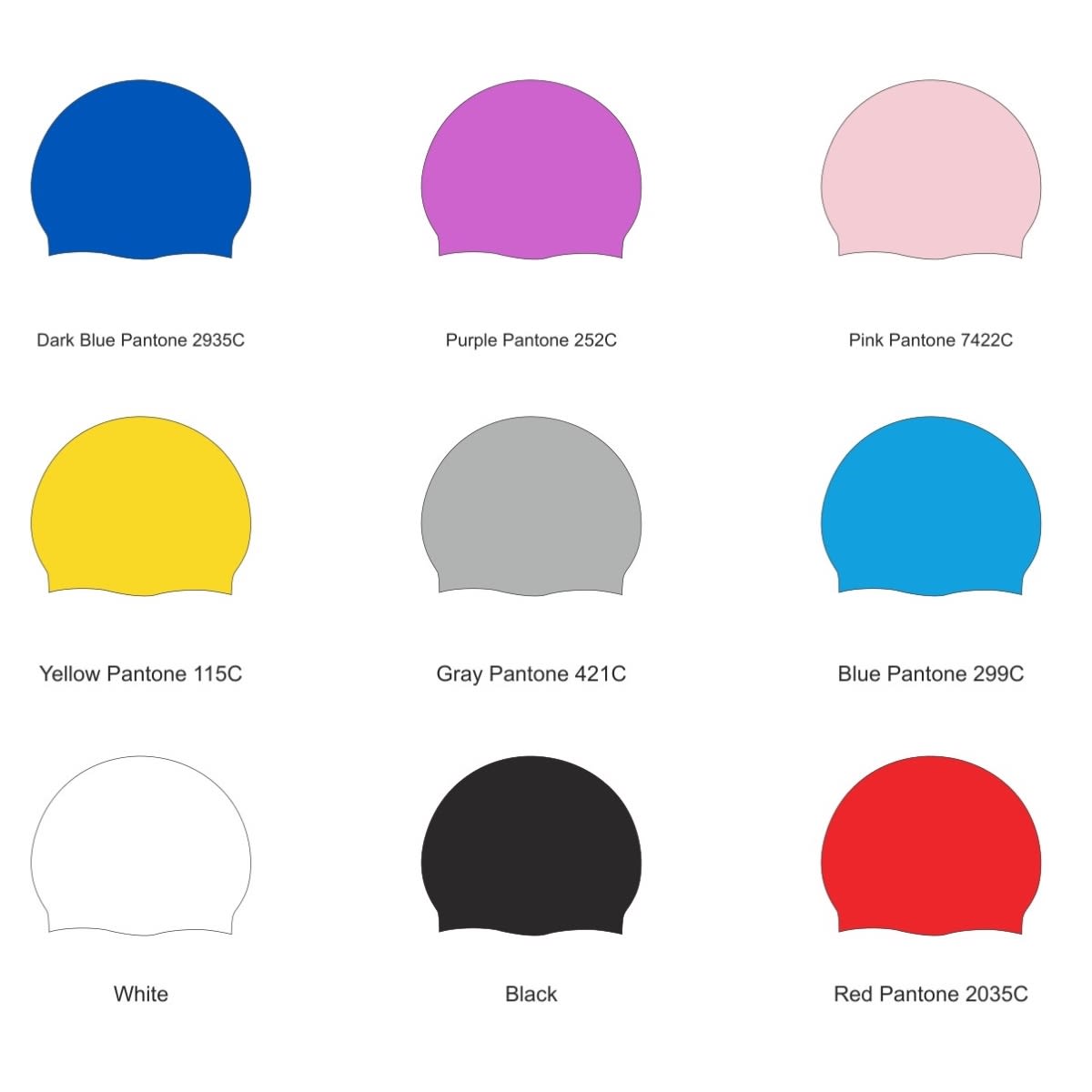 A selection of swimming caps in various colours: dark blue, purple, pink, yellow, grey, blue, white, black, and red.