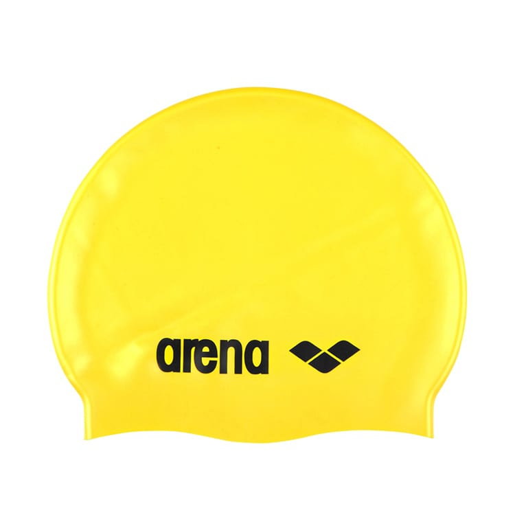 A yellow swimming cap featuring a logo in black.