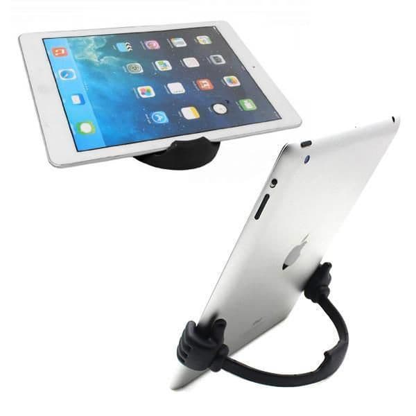 A black phone or tablet holder displaying a silver tablet, showcasing its adjustable stand design.