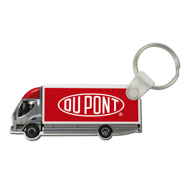 A custom-shaped acrylic keyring in the form of a truck, featuring a silver and red design with a branding logo.