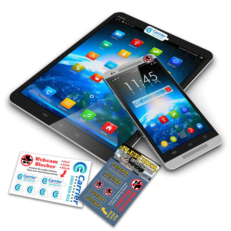 A tablet and a smartphone displaying apps, accompanied by several Webcam Blocker stickers, featuring various colours.
