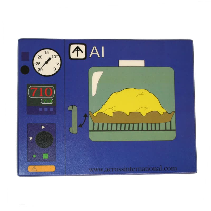 A blue mouse mat featuring an illustration of an oven with a clock and controls, showcasing a yellow item inside.