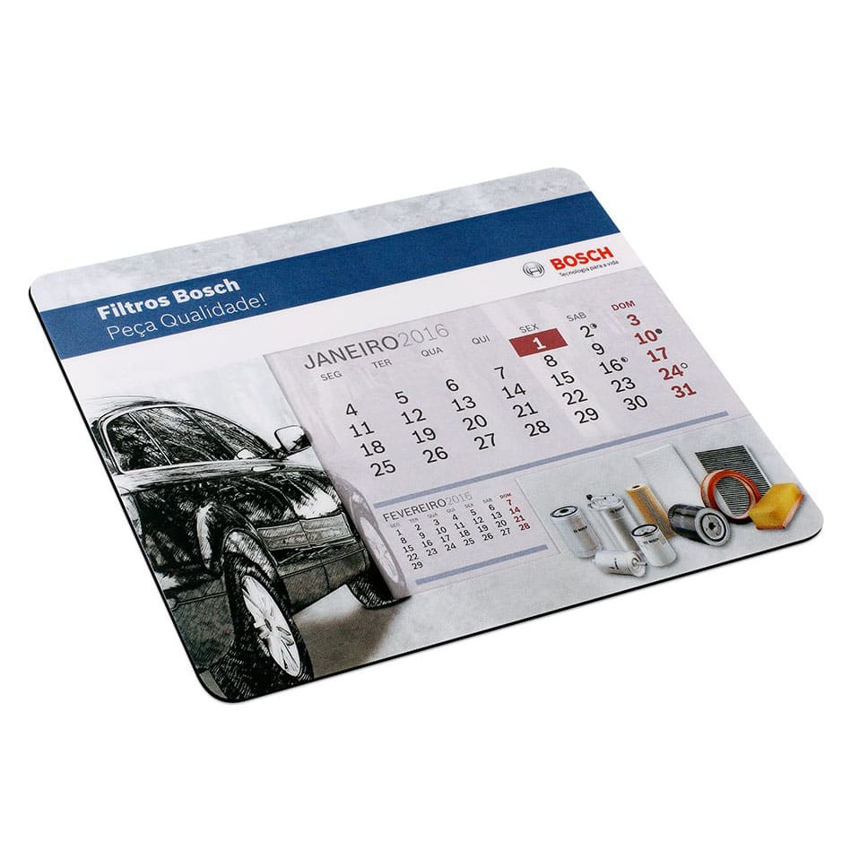 A calendar mouse mat featuring a car design with various car parts, predominantly in shades of grey and blue. It has a logo.