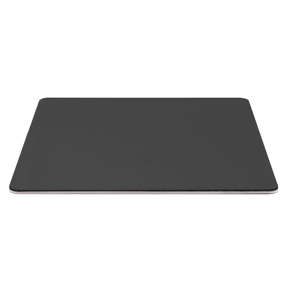 A black mouse mat with a smooth surface, featuring a subtle edge design and a branding logo.