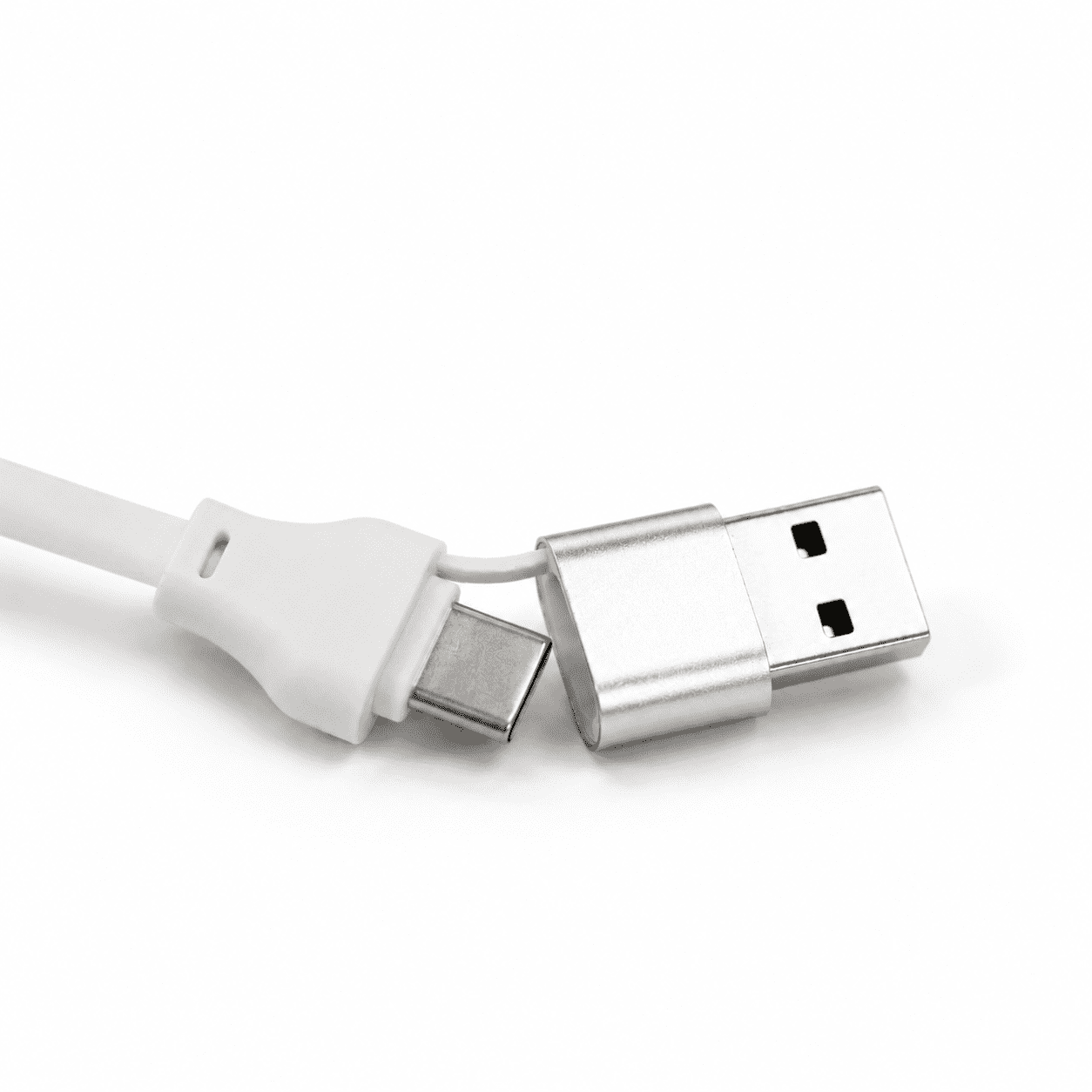 A white fast charging cable with a USB connector and a Type-C connector, featuring a metallic end.