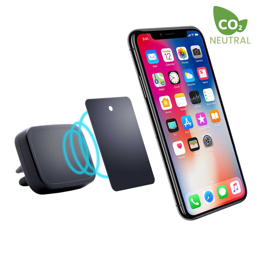 A black rectangle car phone holder with a magnet, next to a smartphone displaying various app icons.