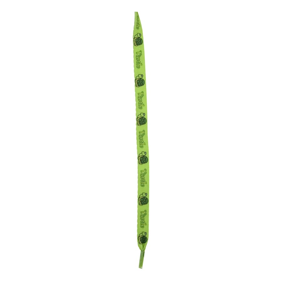 A green shoe lace featuring a logo pattern throughout its length.