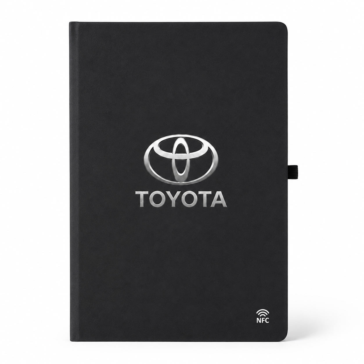A black A5 smart notebook featuring a logo and an NFC symbol on the bottom.