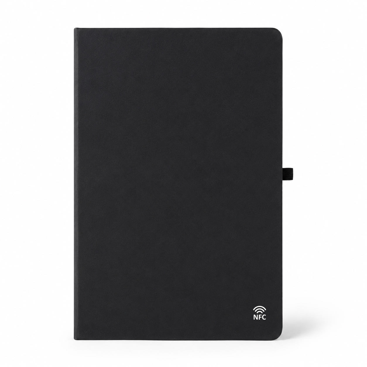 A black A5 smart notebook featuring an NFC logo, with a sleek cover and a tag closure.