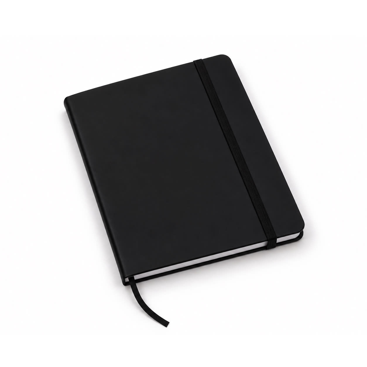 A black FSC Notebook with a flexible cover, an elastic band closure, and a ribbon bookmark.