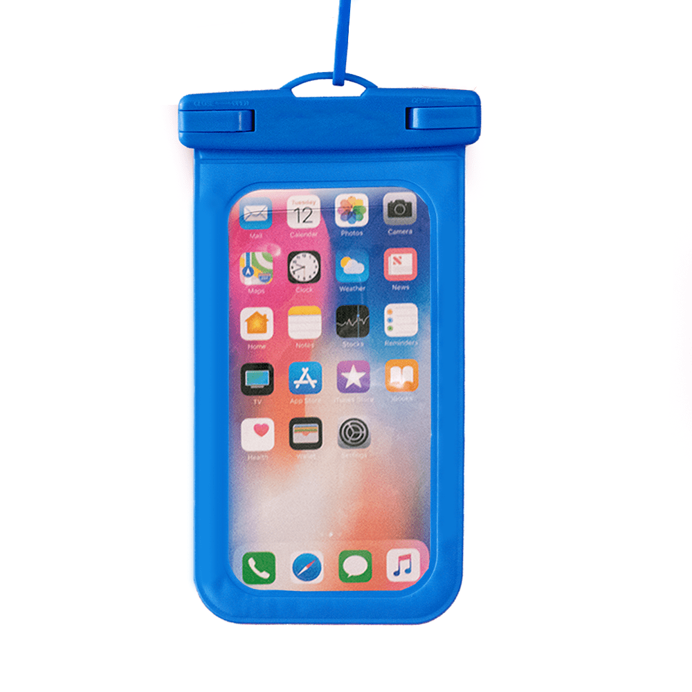 A blue waterproof phone pouch with a transparent front, featuring a loop for hanging and a secure closure.