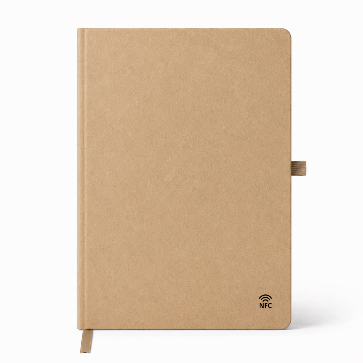 A beige A5 smart notebook with a textured cover and a logo on the bottom right corner.