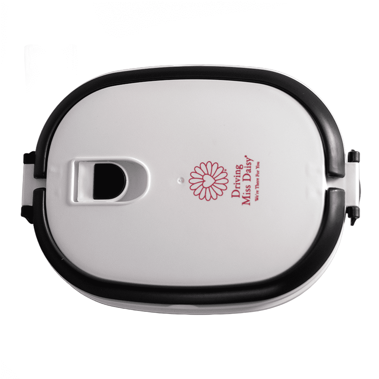 A white lunch box with a black seal, featuring a logo on the lid. It has a secure latch for closure.