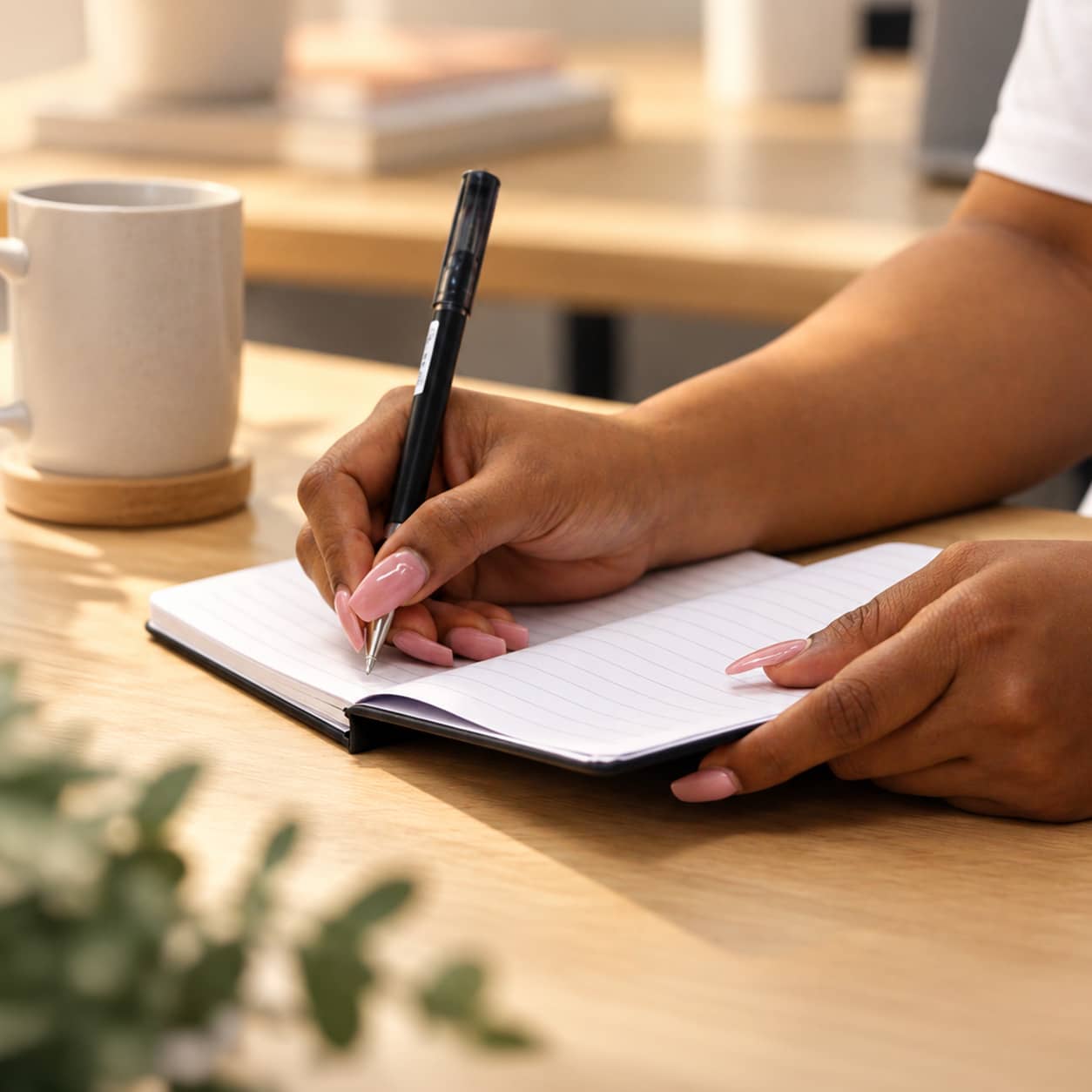 A hand with long nails writes in a black FSC notebook on a wooden desk, with a cup and plant in the background.