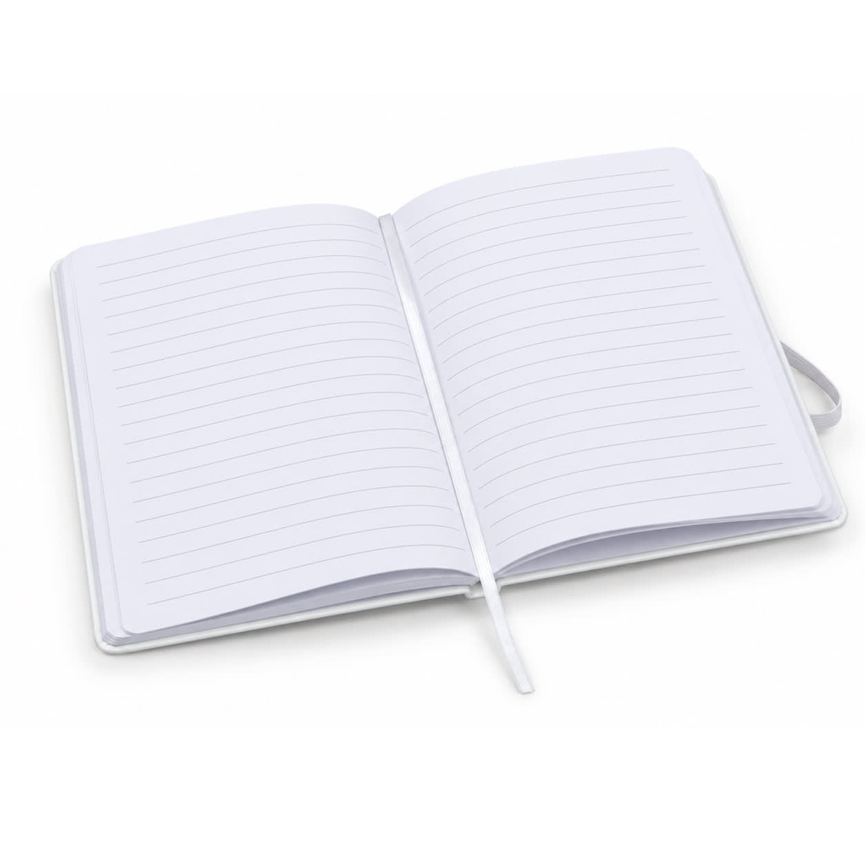 A white FSC notebook with lined pages and a ribbon bookmark, open to the centre.