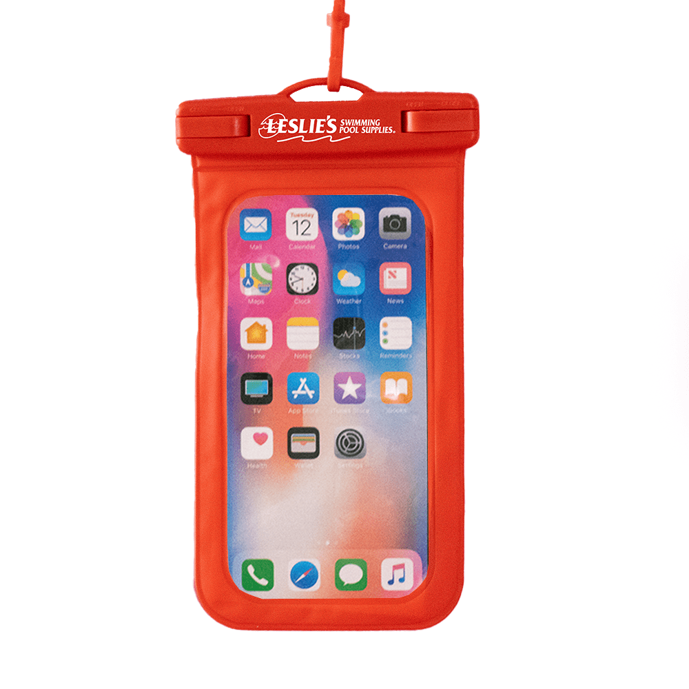 A waterproof phone pouch in bright red with a transparent front, featuring a logo at the top.