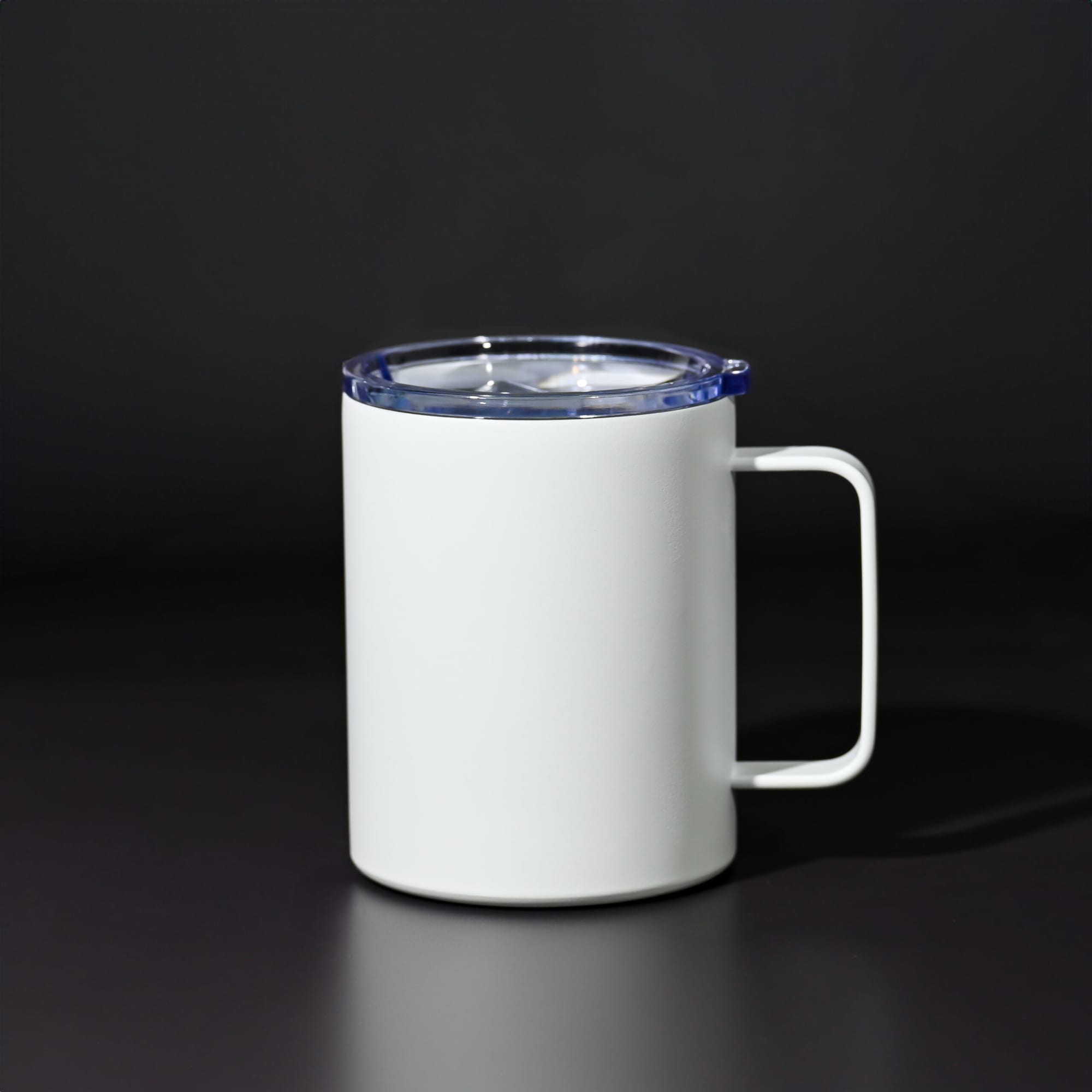 A drink bottle in white with a blue lid, featuring a handle and a logo on the side.