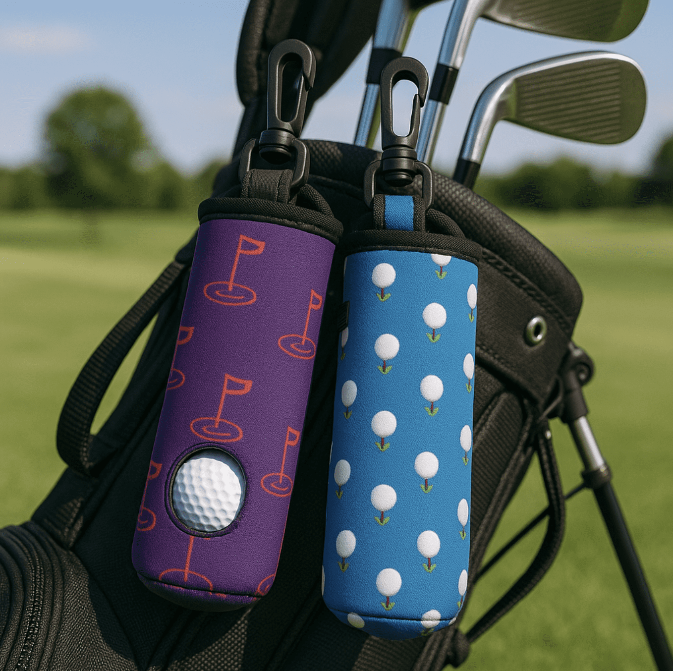 Neoprene golf ball sleeves in purple with flags and blue with golf balls, attached to a golf bag on a green field.