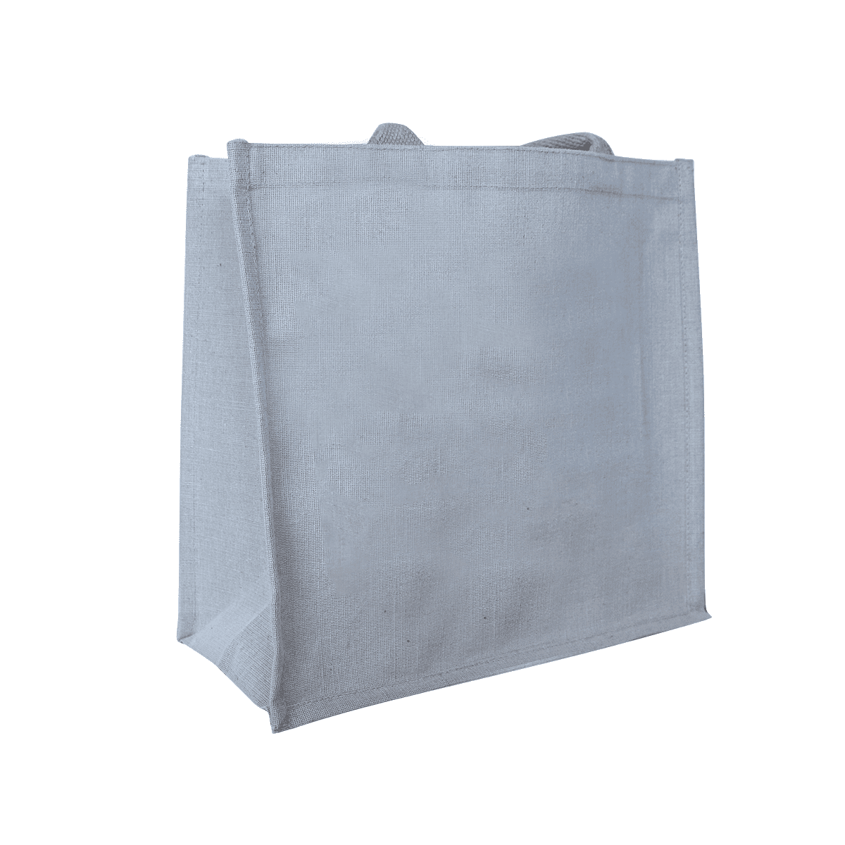A grey jute tote bag featuring sturdy handles and a simple design, with a visible logo on the side.