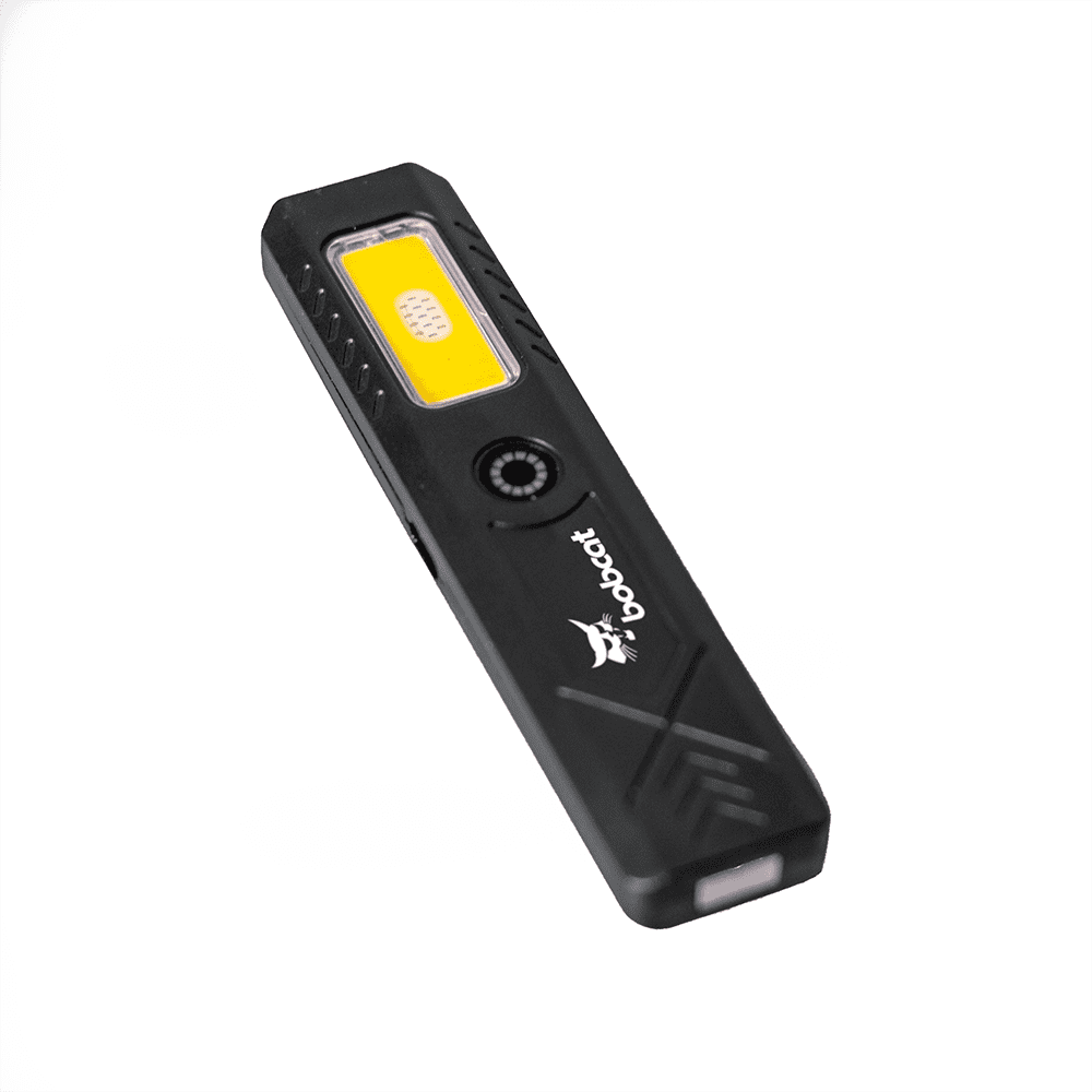 A rechargeable work light in black with a yellow lighting panel, featuring a logo on its surface.