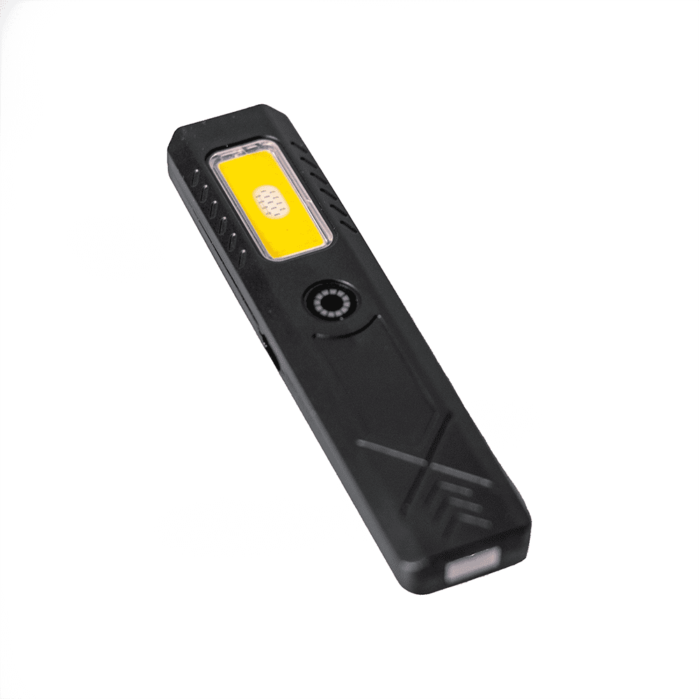 A rechargeable work light in black with a bright yellow LED panel and a circular switch.