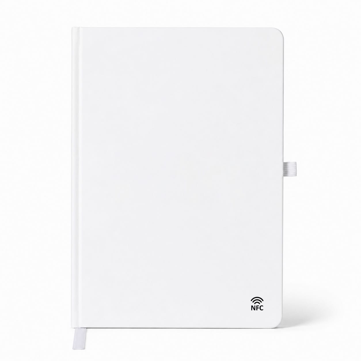 A white A5 notebook featuring NFC technology, with a sleek design and a subtle logo on the cover.