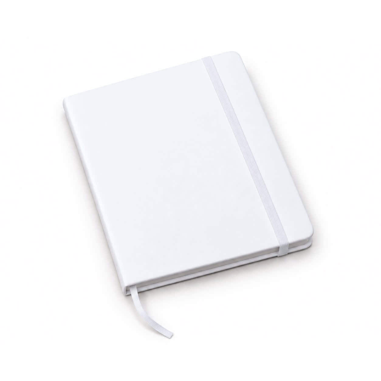A white FSC notebook with a ribbon bookmark and an elastic band. Features branding on the cover.
