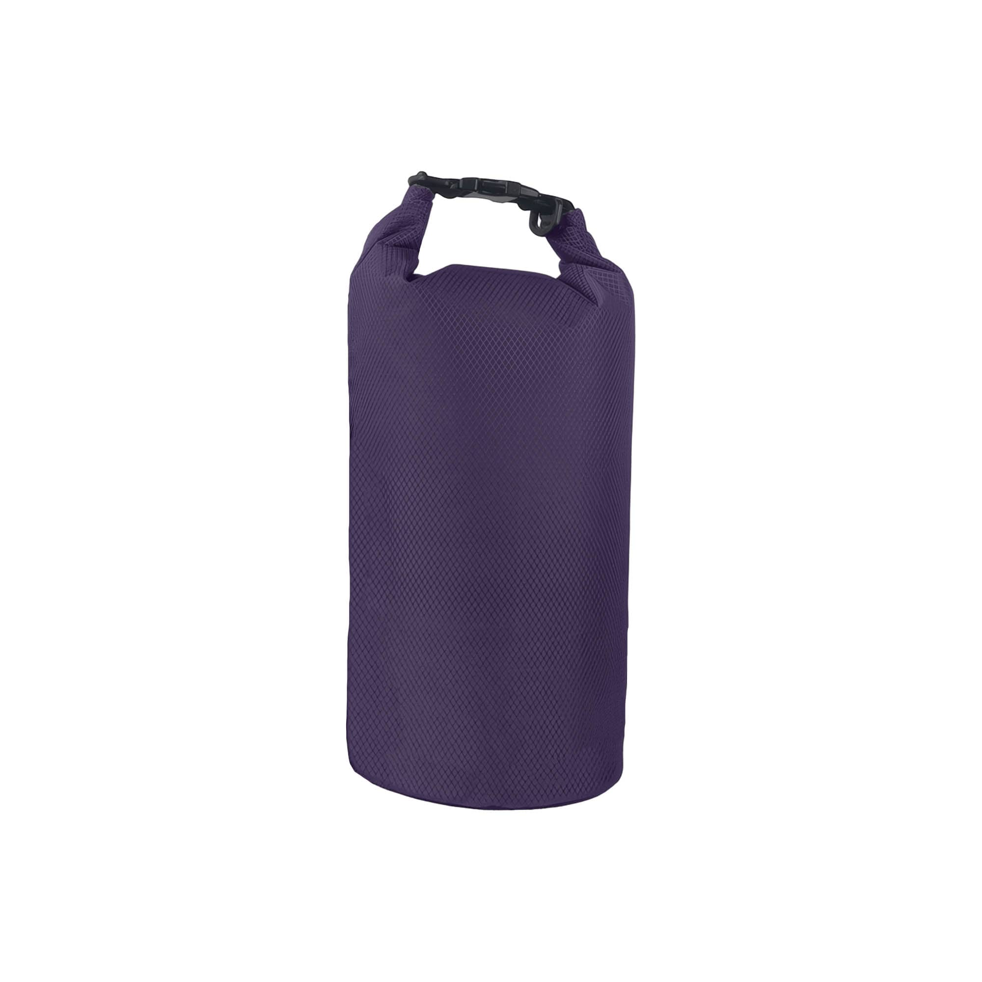 A purple Oxford cloth dry bag with a handle at the top and a secure closure. It features a logo or branding.