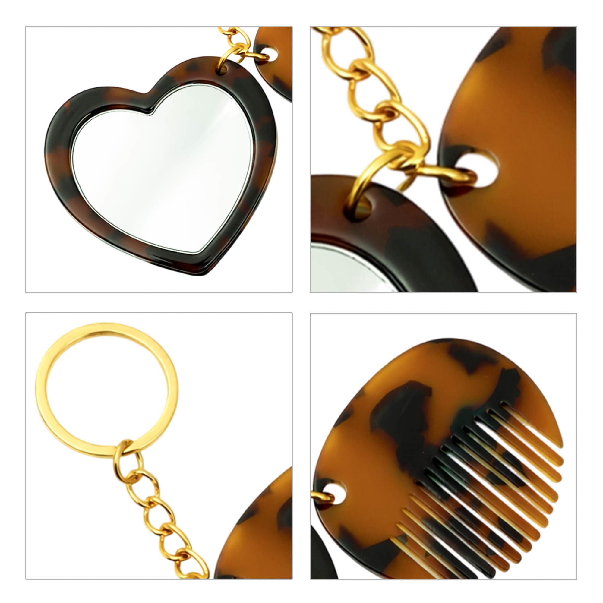 A tortoiseshell heart-shaped mirror and comb keyring with gold accents and a circular keyring attachment.