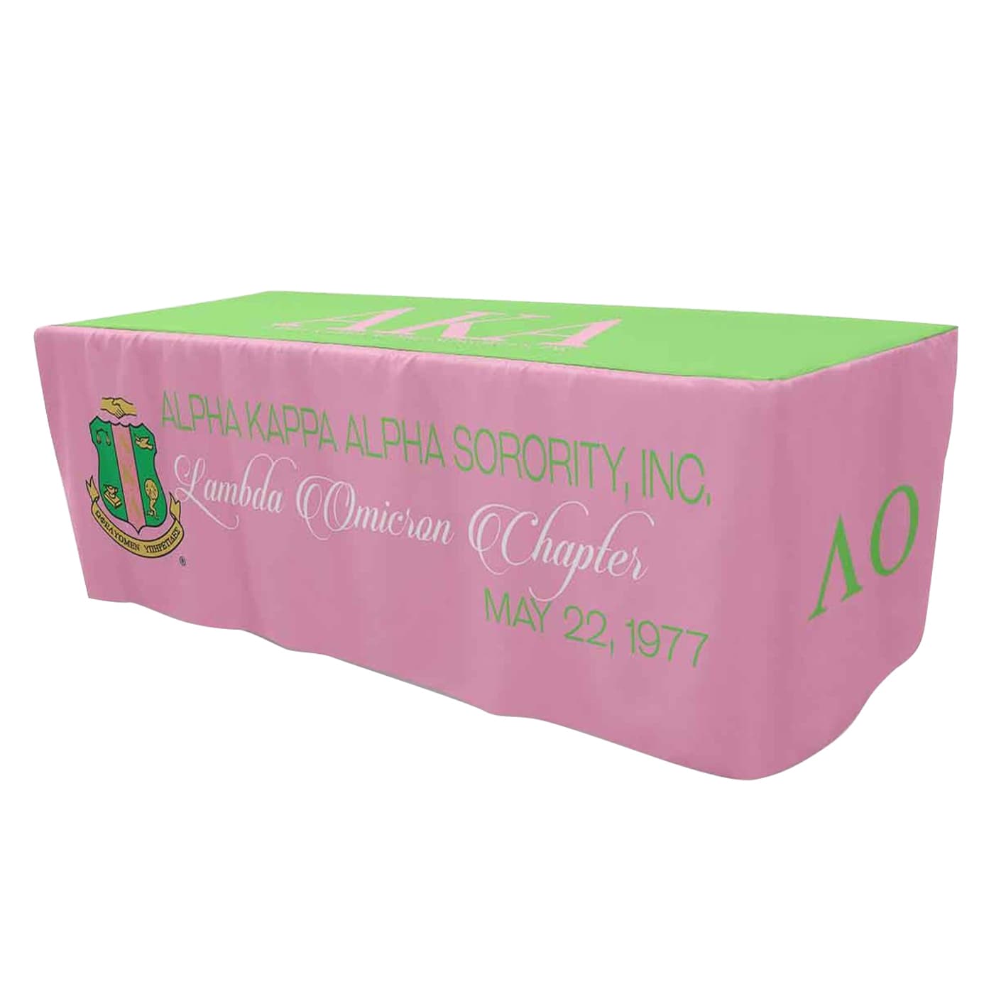 A fitted tablecloth featuring a pink and green design with a logo, ideal for a 4ft table.