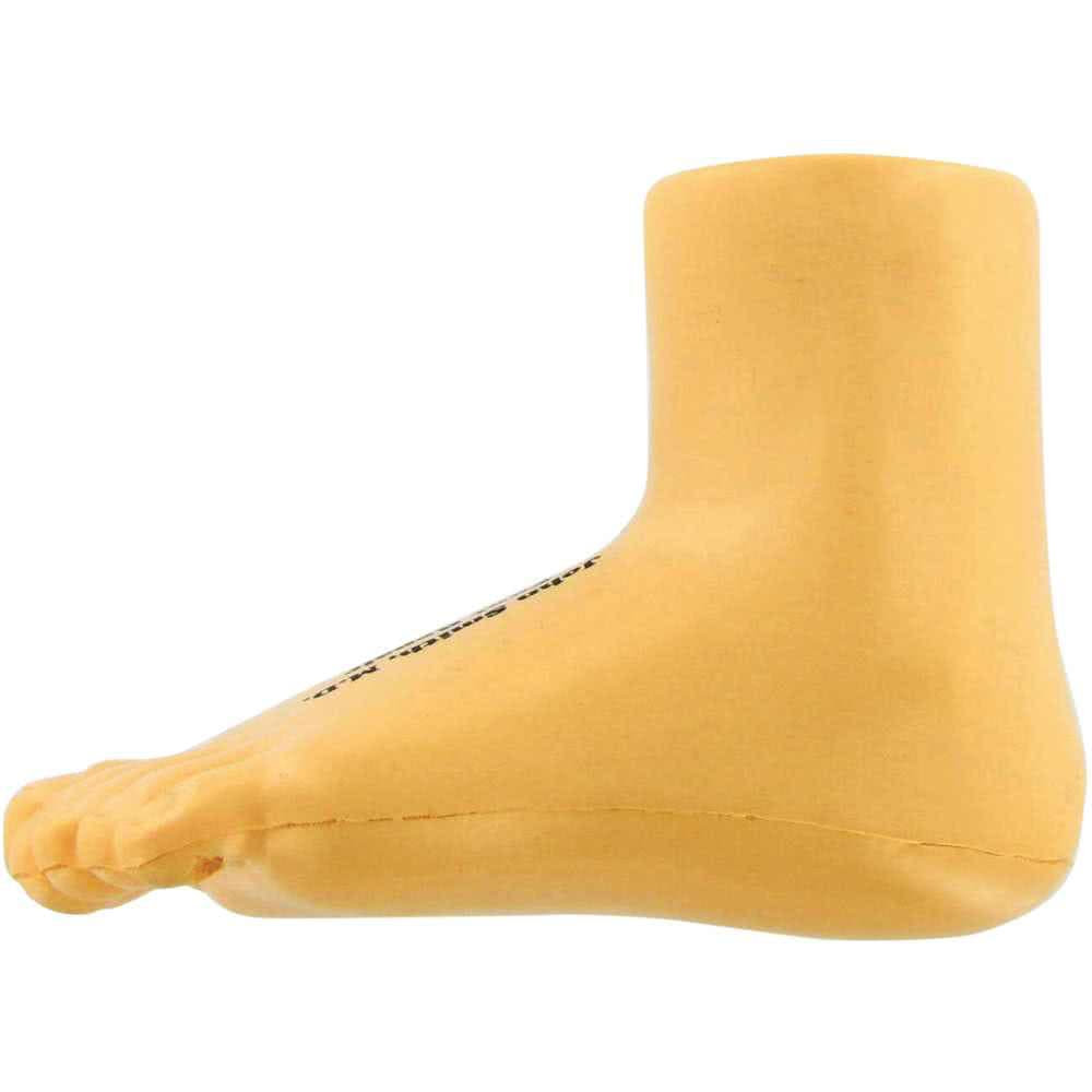 A stress-relief keyring shaped like a baby foot, in a soft yellow colour, featuring a logo.